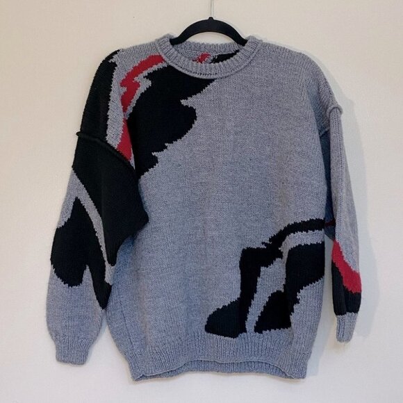 Vintage Handmade Grey Acrylic Knit Crew Neck Sweater L - Picture 9 of 9